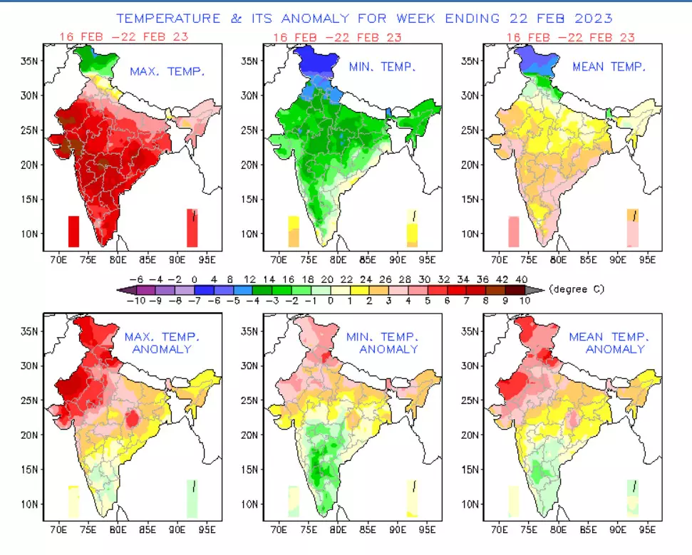 देशभर में 16 से 22 फरवरी 2023 के बीच मौसम का हाल। सोर्स- जलवायु अनुसंधान एवं सेवाएं, पुणे
